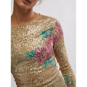 NWT Free People Medium Printed Gold Rush Long Sleeve / Champagne Combo